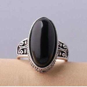 Big Ring Black Ring Vintage Style Ring Silver Cocktail Ring Oval Solitaire Ring